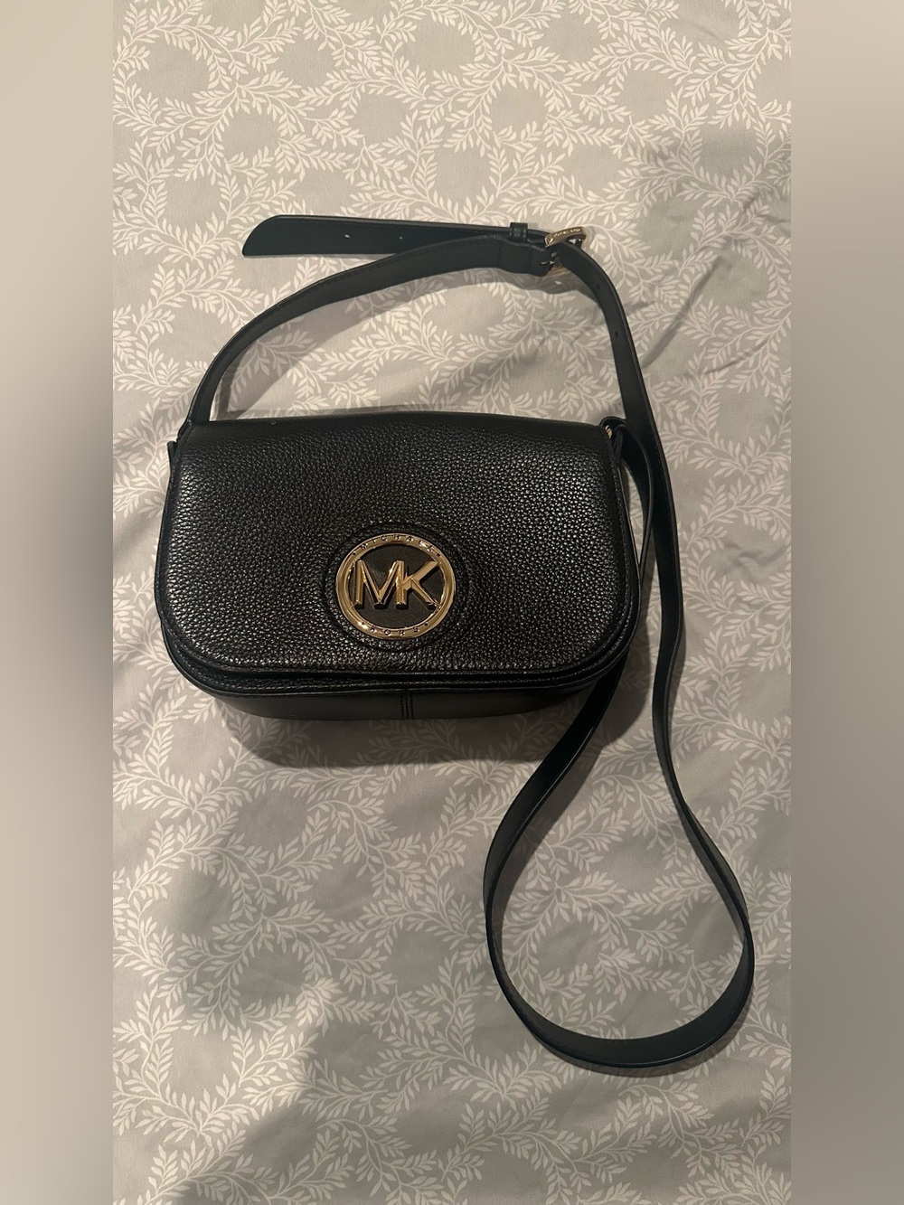 Michael Kors Black Pebbled Leather Crossbody with Gold MK Emblem